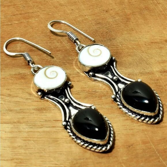 Black Onyx Shiva Eye Handmade Drop Dangle Earrings Jewelry 2.3" - Picture 1 of 1